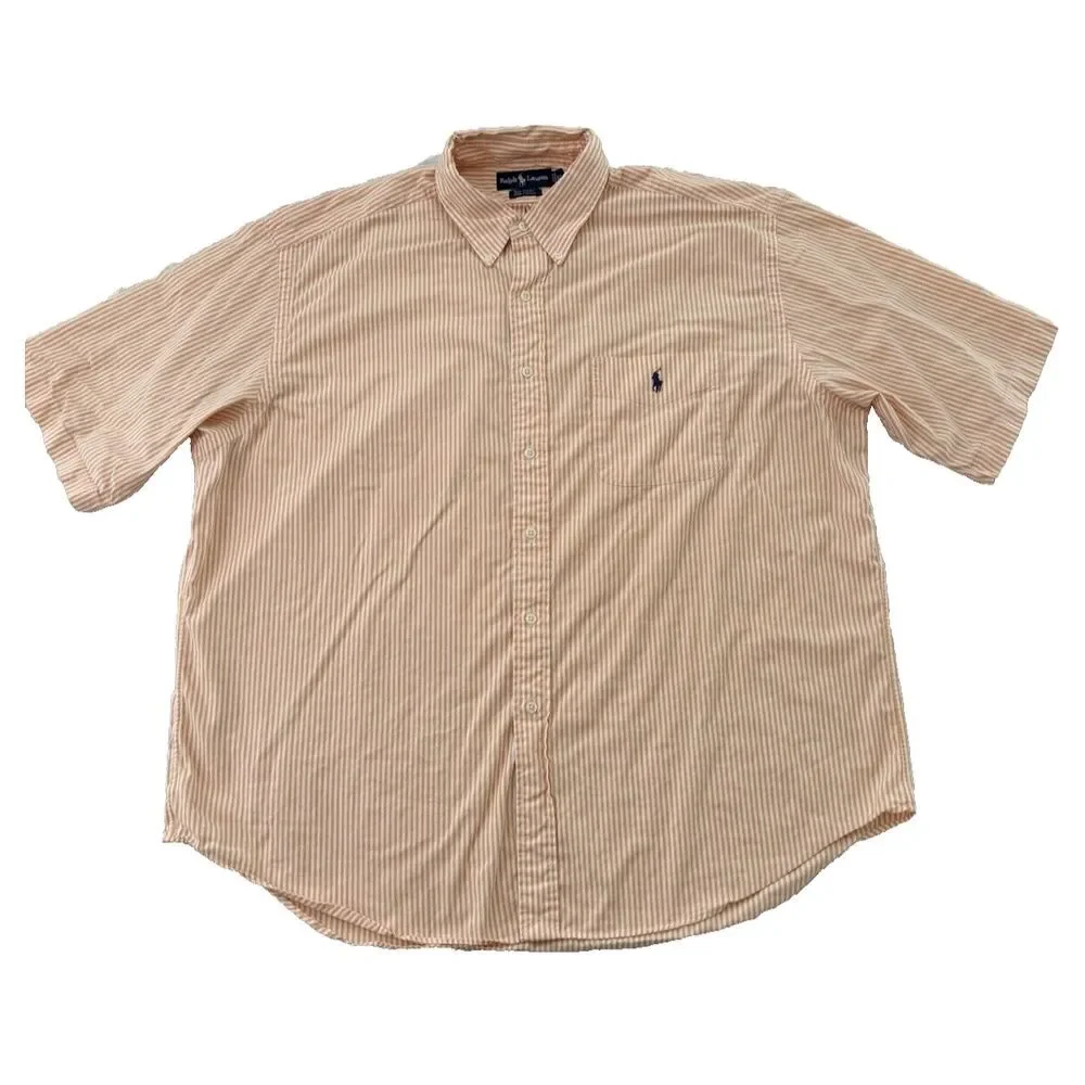 Ralph Lauren Big Shirt Mens XL Two Ply Cotton Short Sleeve Striped Orange Preppy